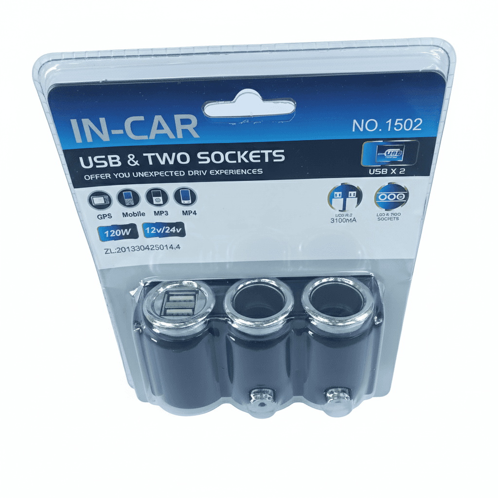 IN-CAR USB & Two Sockets Power Adapter 1502