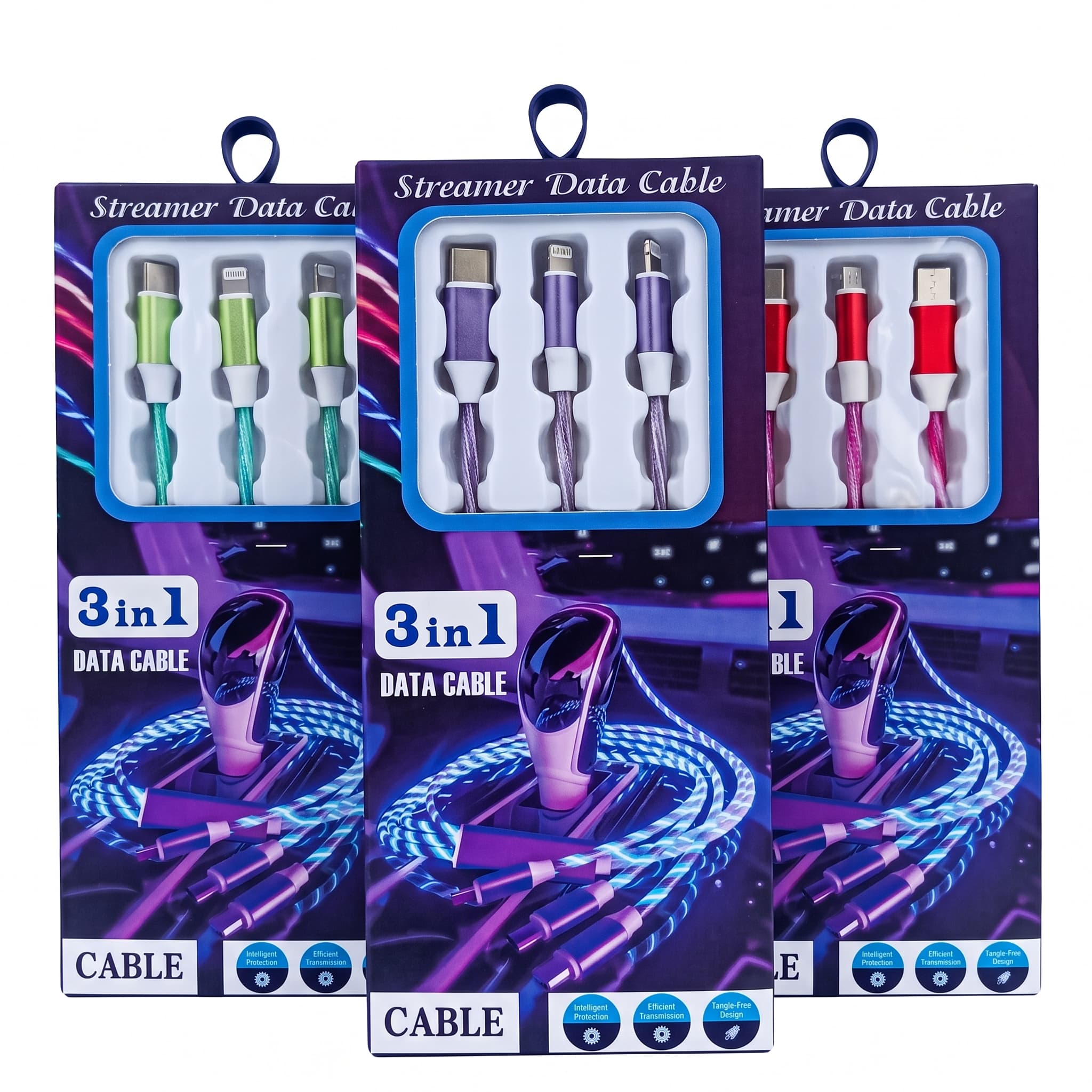 3-in-1 LED Streamer Charging Cable (USB-C, Lightning, Micro USB)